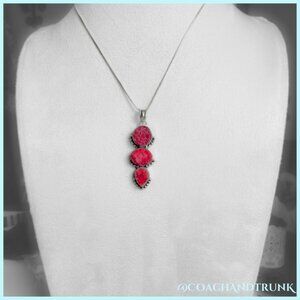 100% ARTISAN 3 SHIMMERING DEEP RED DRUZY STONE PENDANT STERLING NECKLACE